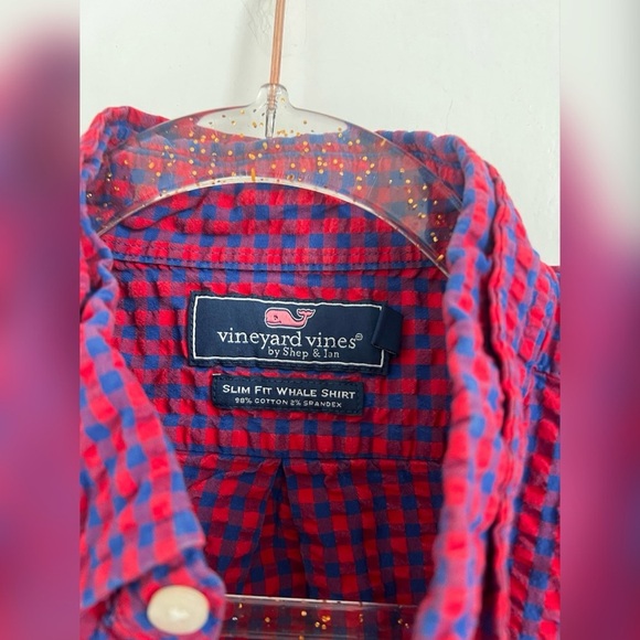 Vineyard Vines Shirt Red Blue Gingham Slim Fit Whale Button Seersucker $118 S - Picture 2 of 4
